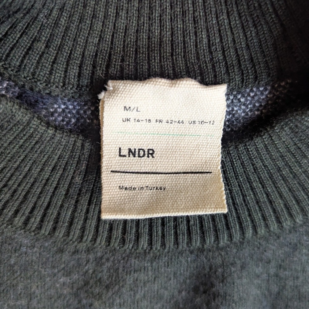 LNDR Merino Wool Colorblock Sweater Green Navy Grey M/L Made in Turkey Office - Picture 8 of 8